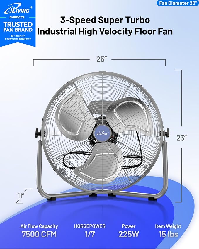 iLiving 20 Inch 7500 CFM Turbo High Velocity Floor Fan, 3-Speed Heavy Duty Metal Fan for Office, Commercial, Workstation, Greenhouse, Garage, Warehouse, Shop Attic Use, Silver, UL Listed