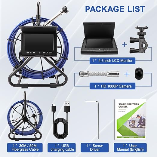 Sewer Camera w/DVR Function, 4.3" HD 1080P Screen Pipeline Inspection Camera, IP68 Waterproof Pipe Plumbing Snake Cam with 32GB Card, for Sewer Line, Home, Duct Drain Pipe Plumbing (30M/100FT)
