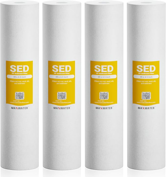 Max Water 10 Micron 20 x 4.5 Sediment Water Filter Replacement Cartridge, Whole House Sediment Filtration Compatible with DGD-5005-20, FP25B, AP810-6, FPMB5-20, P5-20, 155358-43, SDC-45-2005, 4 Pack