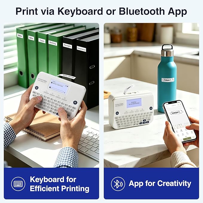 SUPVAN E12 Bluetooth Label Maker Machine, Support Keyboard & App with 30+ Fonts and 660+ Icons, Rechargeable Inkless Labeler for Office, Home, Kitchen, School, Organization, White