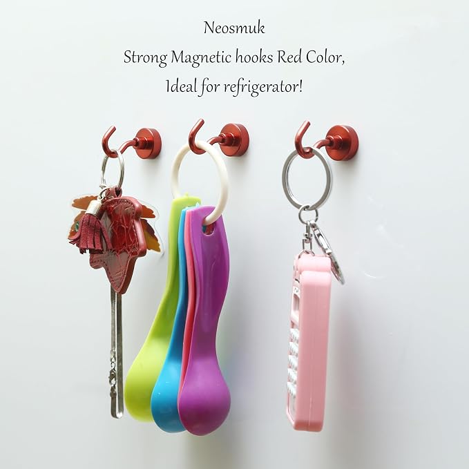 Neosmuk Magnetic Hooks,Heavy Duty Earth Magnets with Hook for Refrigerator, Extra Strong Cruise Hook for Hanging, Magnetic Hanger for Cabins, Grill (Red, Pack of 20)