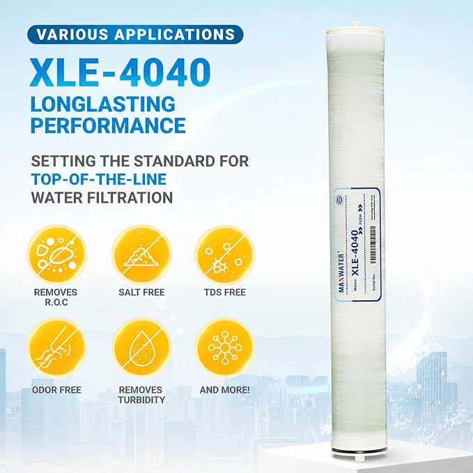Max Water XLE-4040 Reverse Osmosis 4" x 40" RO Membrane, 2600 GPD | XLE 4040 For Water Purification Desalination Commercial, Industrial, Agricultural, Salt Rejection 99%
