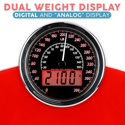 Hybrid Bathroom Scale - Analog & Digital Display, Accurate to 400 lbs | See weight on both an analog dial and digital LCD at once. Wide glass platform, 3 AAA batteries included, ready to use.