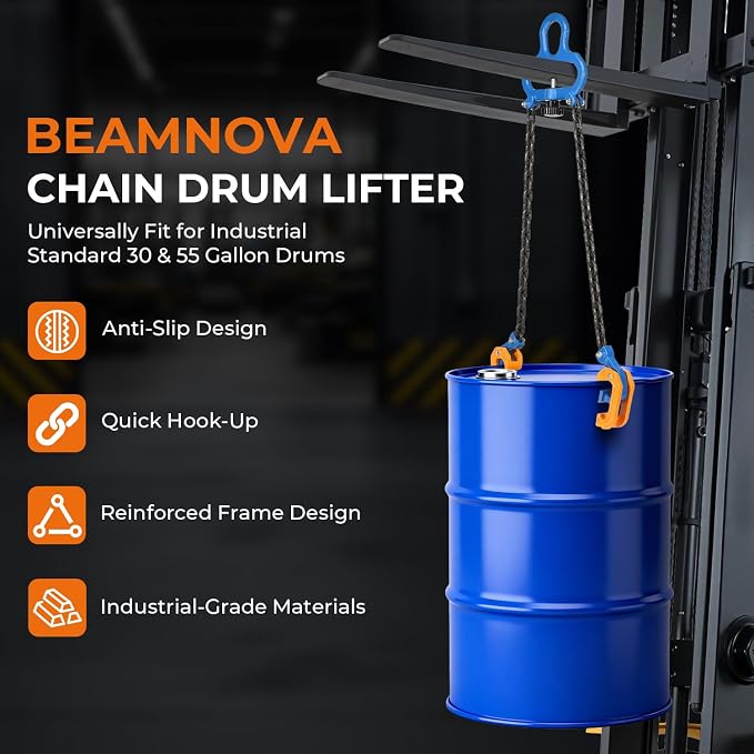BEAMNOVA Upgraded Chain Drum Lifter 1 Ton / 2200lbs Loading Capacity for 55 Gallon Drums Forklift Hoist Crane Metal Plastic Barrel Double Lifting Chains, Double Hooks & Chains