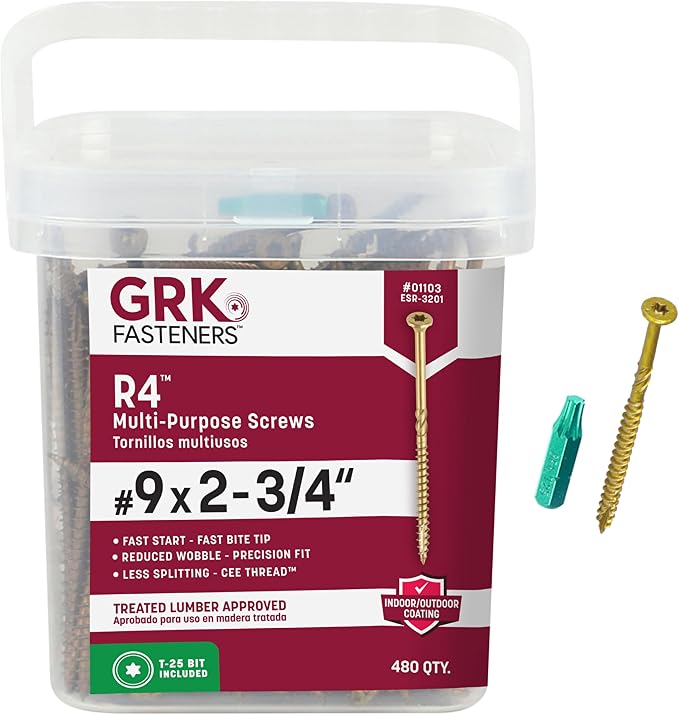 GRK Fasteners R4#9 x 2-3/4 Inch, Multi-Purpose Framing Screws, 480 PCS, Rust Resistant Climatek Coating, Outdoor Fencing and Deck Screws, Fast Bite Tip, Star Drive Recess, T-25 Bit Included, Gold