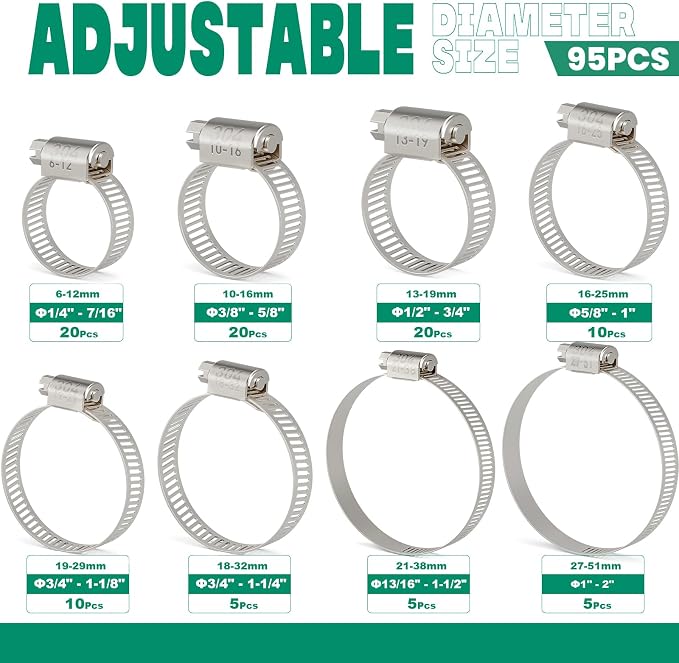 OURU 95PCS Hose Clamps Stainless Steel Assortment Adjustable 1/4"-2"(6-51mm) Worm Gear Hose Clamp, Heavy Duty Metal Small Hose Clamps for Automotive, Pipe, Radiator Plumbing, Fuel Line