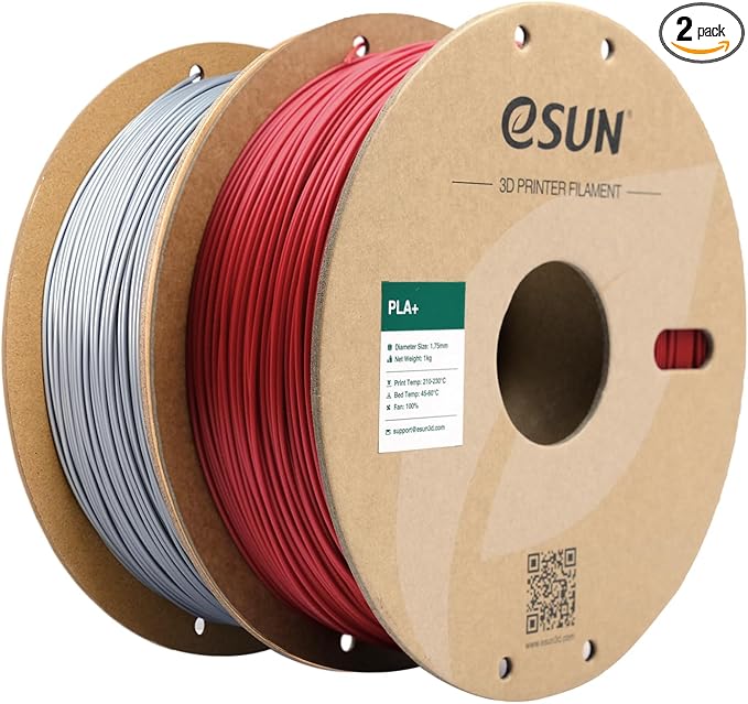 eSUN PLA+ Filament 1.75mm, 3D Printer Filament PLA Plus, Dimensional Accuracy +/- 0.03mm, 1KG per Spool, 2 Spools 3D Printing Filament, Fire Engine Red + Silver