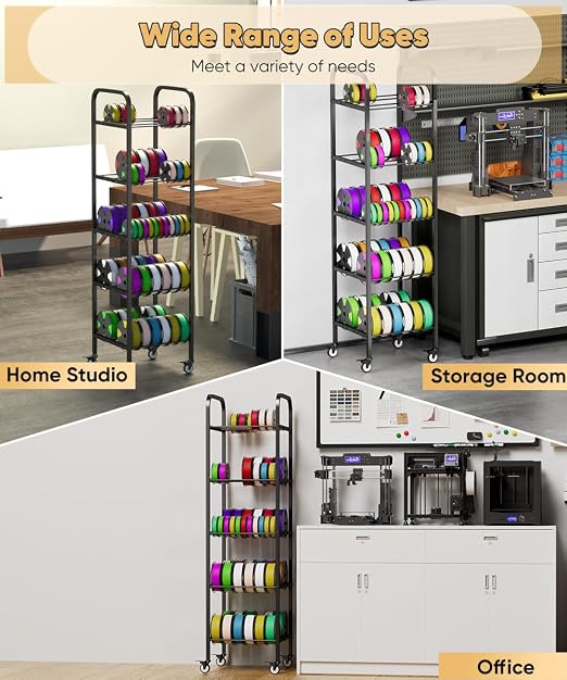 5-Tier 3D Printer Filament Storage Rack with Wheels, Rolling Spool Holder Stand Cart, Holds up to 60×1kg Spools, Heavy Duty Metal Filaments Organizer Shelf for Printing Studio Office Workshop