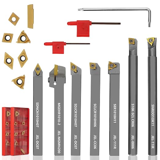 Indexable Lathe Turning Tool 21Pcs Kit 3/8'' 10mm Shank 7Pcs Metal Lathe Tools Holder Set & 14Pcs Turning Inserts for Turning Grooving Threading Boring, Lathe Tooling Ideal as Gift with Aluminum Box