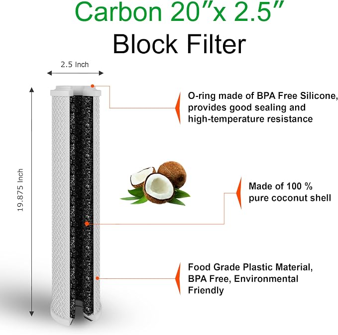 Standard Whole House Coconut Shell Carbon Block 5 Micron Water Filter 20” x 2.5” Fits 20” x 2.5” Housings. Remove Chlorine and Bad Odor. Compatible with C1-20, HX-CB-25-2010, F3WCB32