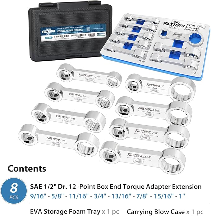 FIRSTINFO 8-Piece 1/2" Drive SAE 12-Point Box End Torque Adapter Set | 9/16-1 in sizes • 3 in center-to-center length • CR-V steel • Blow-mold case & tray • Made in Taiwan