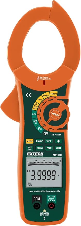 Extech MA1500: 1500A True RMS AC/DC Clamp Meter + NCV | 1500A AC/DC, True RMS, 0.7in jaw, variable frequency control (VFC), low pass filter, NCV, relative