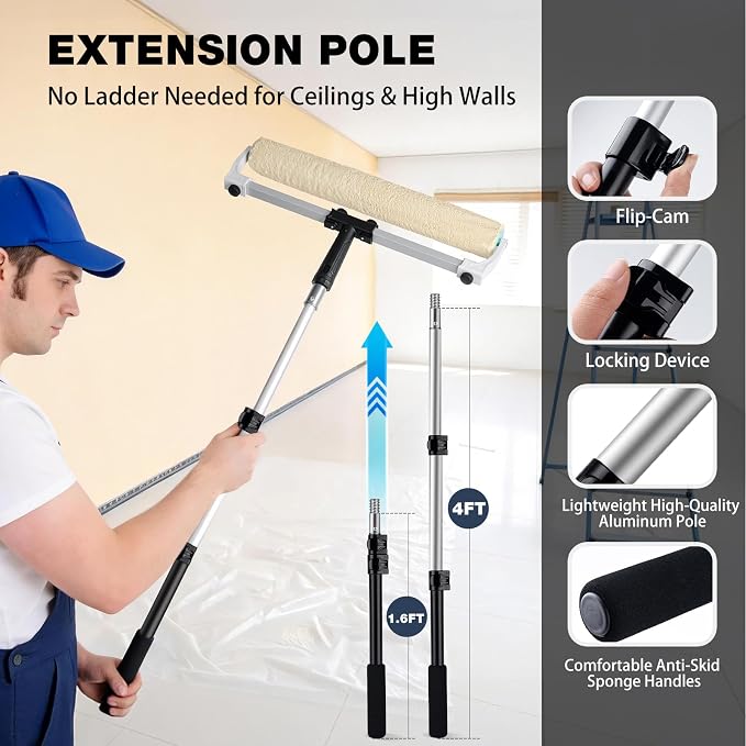 Mister Rui 18 Inch Paint Roller Kit with 4FT Extension Pole, 14 Piece Paint Set for Large Walls and Ceilings, Heavy-Duty Tray with 3 Liners, Low-Lint Microfiber Covers, Brush, Tape and Drop Cloth
