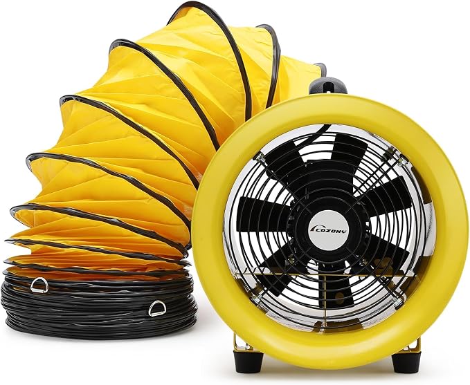 8 Inch Utility Blower Fan | 3300 RPM High Speed, Heavy Duty, IP44 Waterproof Extractor, 33 ft PVC Duct Hose, Industrial Portable Exhaust Ventilation