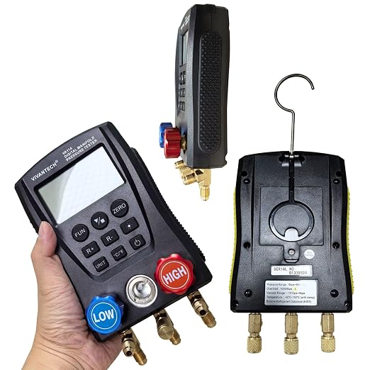 Digital Manifold Gauge Set – HVAC Refrigerant Pressure & Temp Tester, Dual-Port Diagnostic Tool with 112 Refrigerant Profiles, Leak Test, Data Hold & Superheat Subcooling, 3000 PSI Hoses