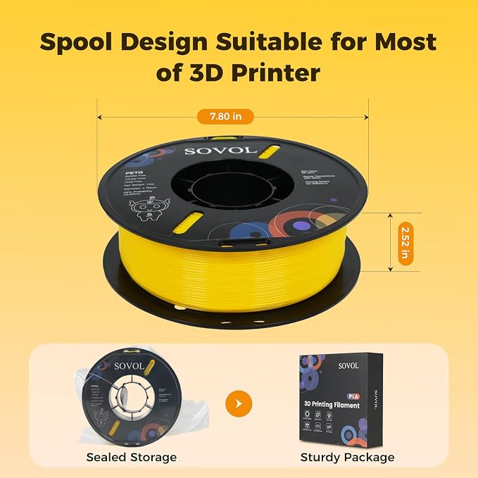 Sovol 3D Printer PETG Filament 1.75mm 1KG (2.2lbs), High Precision, Strong Toughness, Wiring Tightness, Dimensional Accuracy +/- 0.03 mm, 3D Printing PETG Filaments, Yellow
