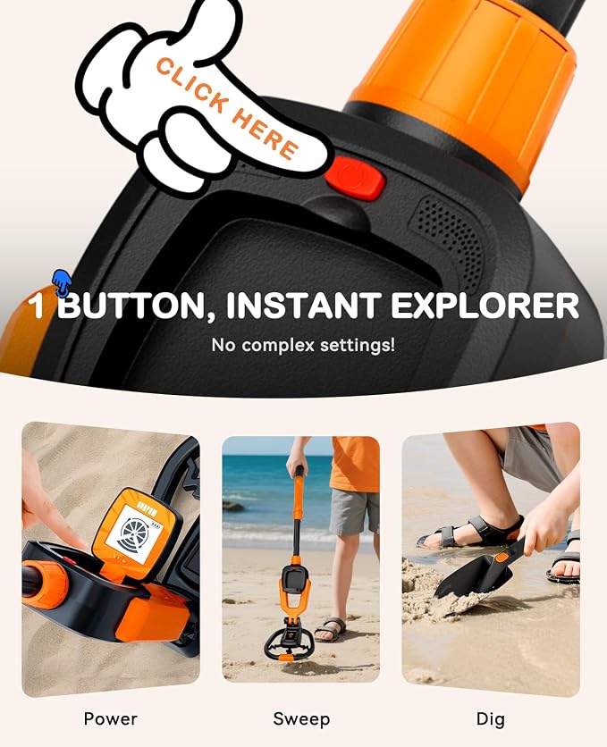 SUNPOW Kids Metal Detector with Treasure Animation & Waterproof Coil - Adjustable Stem (23.6”-27.6”) - Kit Includes Shovel, Rake, Bag - Ideal Gift for Boys & Girls 6-12 for Beach, Park, Backyard -MD20