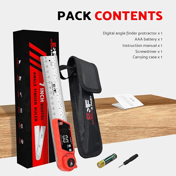S&F STEAD & FAST Digital Angle Finder Tool with Case, 7” / 200mm Stainless Steel Miter Saw Protractor, Angle Gauge - XL White LED Display, ±0.2° Accuracy for Woodworking, Construction, Fabrication