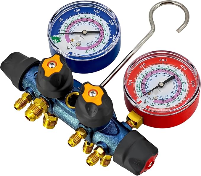 49974 A2L 4-Valve Test and Charging Manifold with 3-1/8" (80 mm) Gauges HVAC Manifold for R-454B R-32 R-410A A/C Manifold Gauge (No Hoses)