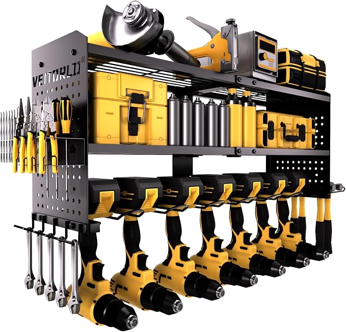 Large Power Tool Organizer Wall Mount, 3-Tier Heavy Duty Metal Loads 260 lbs, 9 Cordless Drill Holder Garage Tool Storage Rack, Utility Shelf for Workshop Shed Basement, Gifts for Men Dad Husband