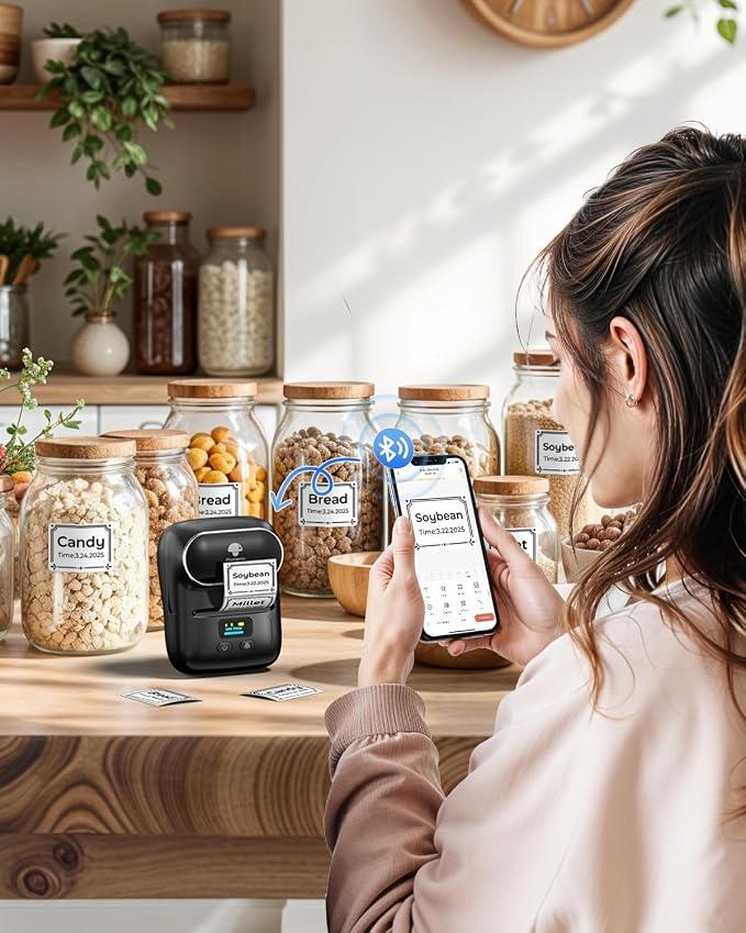 Phomemo M110 Label Printer - Label Maker Machine with 3 Roll Paper, Mini Portable Barcode Label Printer for Small Business, Retail, Address, Barcode, Home, for PC/Mac, iOS/Android- Ebony Black