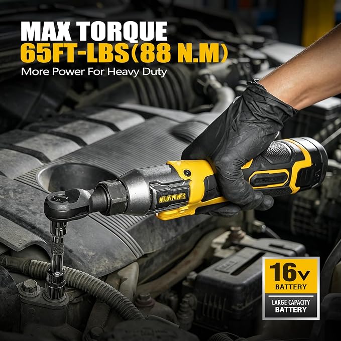Cordless Ratchet Wrench, 3/8" 16V Brushless 65 ft-lbs, 2 Batteries | Drop-resistant alloy body,6 sockets (10-17mm), 1/4" & 1/2" adapters, 3" extension bar, fast charger, built-in LED, 0-400 RPM