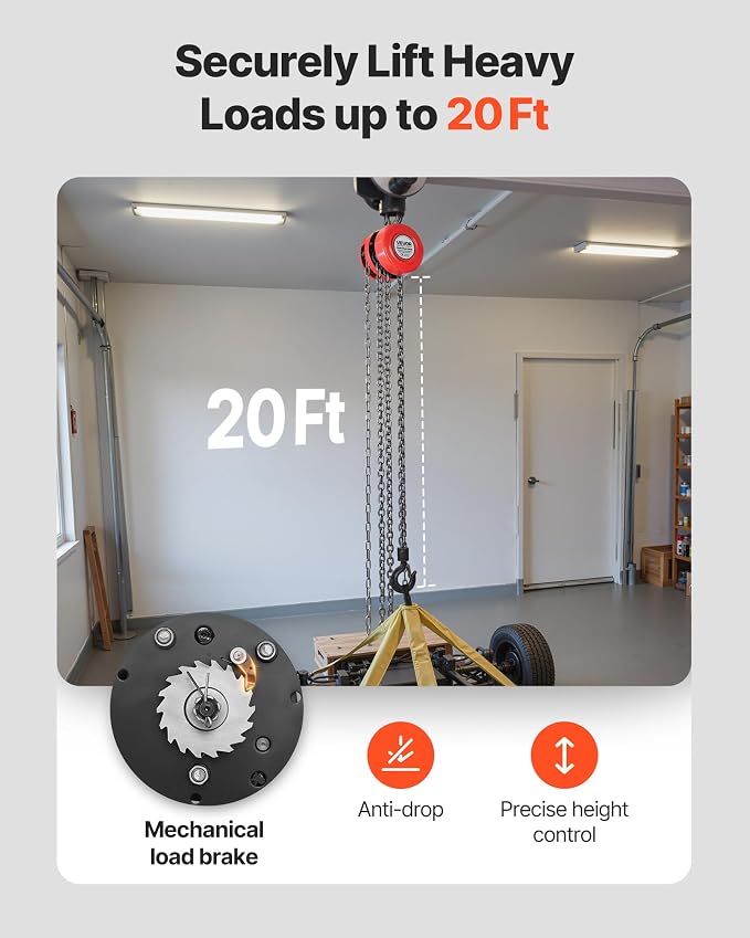 VEVOR Hand Chain Hoist, 1 Ton 2200 lbs Capacity, Manual Chain Block with Upgrade G70 Galvanized Chain, 20 ft Lifting Height, Heavy Duty Pulley Hoist for Garage Warehouse Automotive Machinery, Red