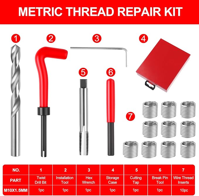 Helicoil Metric Thread Repair Insert Kit, M10x1.5mm Rethreading | Thread Repair kit with HSS Drill Bits, Rethreading Inserts Tool Set for Damaged Thread Repairing with Carry Case