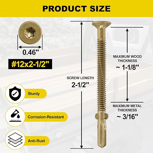 FMhotu #12 x 2-1/2" Trailer Deck Screws, Self-Tapping Sheet Wood Metal Screw, 550Pcs T25 Star Bits Reamer Tek Screws for Trailers, for Attaching Wood to Steel