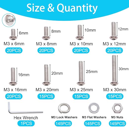 580PCS M3 Screw Kit, M3 x 6/8/10/12/16/20/25/30mm Button Head Socket Cap Screws Bolts Nuts Washers Assortment Kit, 304 Stainless Steel Machine Screws with Hex Wrench