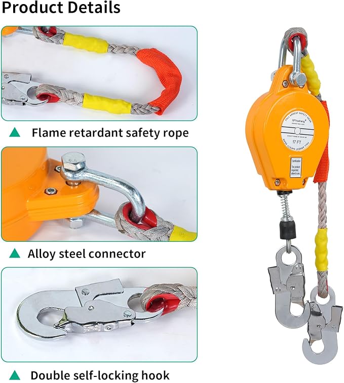 17FT Self Retracting Lifeline, Adjustable Retractable Lifeline Fall Protection Rope, Heavy Duty Retractable Lanyard, Roofing Lifelines, Industrial Fall Arrest Retractor