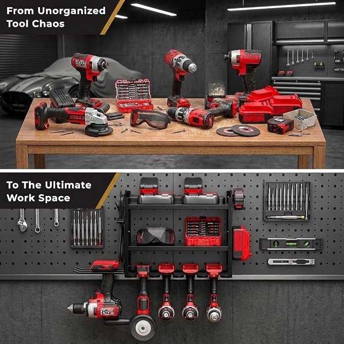BUILTSTRONG Power Tool Organizer Wall Mount – 3-Tier Heavy-Duty Steel Rack, 6 Drill Slots, Dual Pegboard Sides, Side-by-Side Modular, 100 lb Capacity – Garage & Workshop (Black)