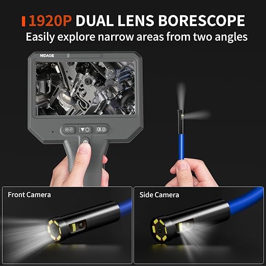 Dual Lens Borescope Inspection Camera 1920P HD Endoscope Camera with Light, 4.3" IPS Screen, 11.5FT Flexible Cable, IP67 Waterproof Snake Cam for Car Engine Mechanic Tools, Gift for Men
