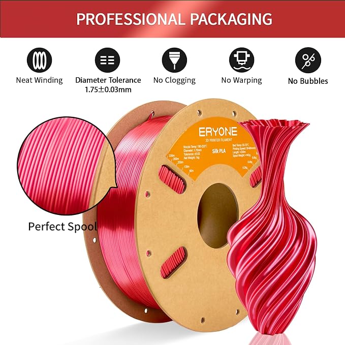 ERYONE Silk PLA Filament for 3D Printer, 1.75mm +/- 0.03mm, 1kg (2.1LBS)/Spool, Silk Metallic Fuchsia