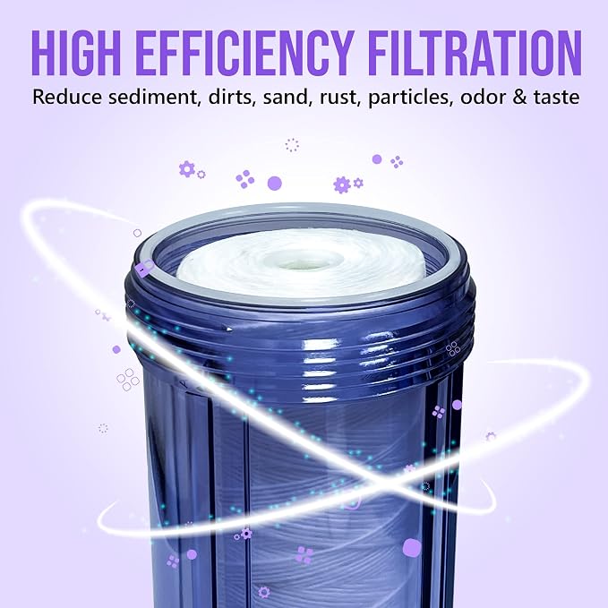 High Capacity Wound String 5 Micron Sediment Water Filter Cartridge 10” x 4.5” Removes Sand, Dirt, Silt, Rust, Extended Filter Life Compatible with 355215-45, 84637, PC10, WP1097P, WPX597P (6 Pack)
