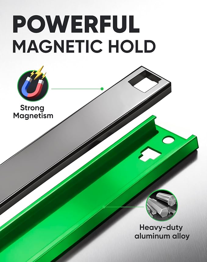 ALOANES Magnetic Socket Organizer Set, 1/4-Inch Drive Heavy Duty Aluminum Socket Rail Organizer, 360° Swivel Clips Socket Holder Kit for Toolbox Drawer Fit 1/4-Inch x 14 Clips (Green, 1PC)
