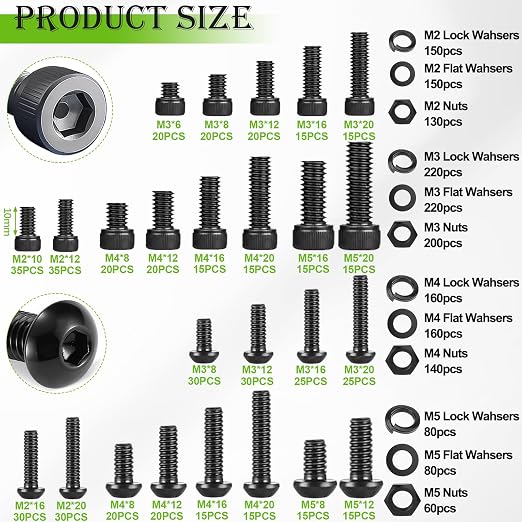 mxuteuk Metric Screw Assortment Kit,M2 M3 M4 M5 Metric Bolts and Nuts Kit,Hex Socket Button & Cap Head Machine Screws,12.9 & 10.9 Grade Alloy Steel Bolts with 5 Hex Wrench（2285PCS)