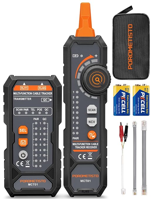 MCT01 4-in-1 Network Cable Tester – POROMETISTO Ethernet Tester with PoE, NCV, Tone Tracing & Flashlight, RJ11 RJ45 Wire Tracer for Cat5/Cat6 Continuity, Telephone Line Polarity, Electrician Tool Kit