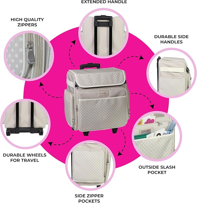 Everything Mary Collapsible Rolling Scrapbook Tote – Tan Dot Craft Bag with Wheels – Portable Storage Organizer for Scrapbooking, Papercraft & Art Supplies