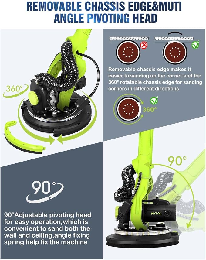MYTOL Drywall Sander, 7.2A Electric Drywall Sander with Vacuum Dust Collection, 6 Variable Speed 900-1800RPM, LED Light, Foldable & Extendable Handle, 9 Pcs Sandpaper&3 Pcs Grid Sandpaper, Full Green