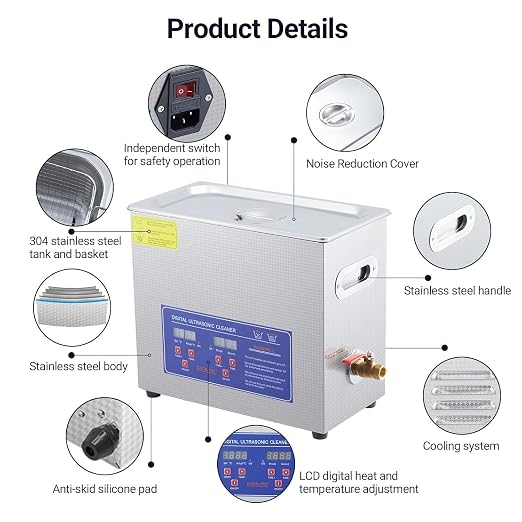6.5L/1.72Gal Industrial Ultrasonic Cleaner 180W 40kHz - Commercial Heated Cleaning Machine with Digital Timer, for Watches, Eyeglasses, Jewelry, Dental Tools & Electronics