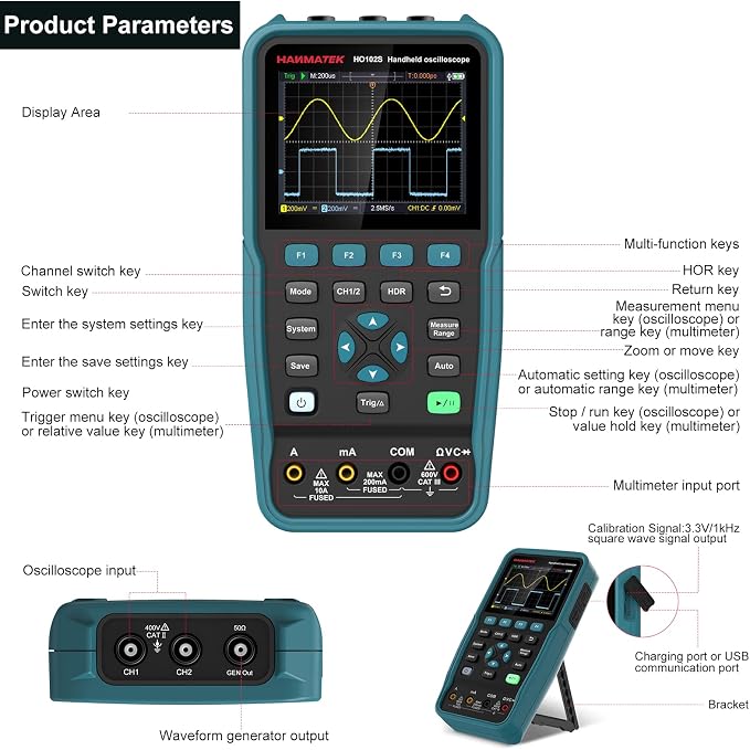 HANMATEK 3 in 1 Handheld Oscilloscope Multimeter 100Mhz Waveform Generator Oscilloscope with 2 Channels 3.5" TFT, HO102S Professional oscilloscope Multimeter with Memory Function