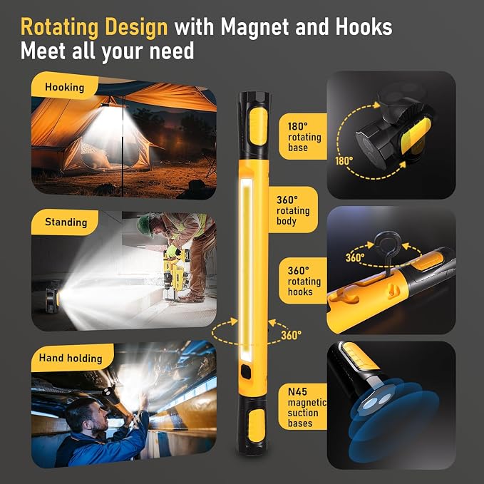 LANKA Bundle to Save -3200LM Magnetic Light Yelow+2 Pcs 90W Cordless LED Work Light for Milwaukee m18 18v Battery,6000mAh Rechargeable Underhood Light with Hooks