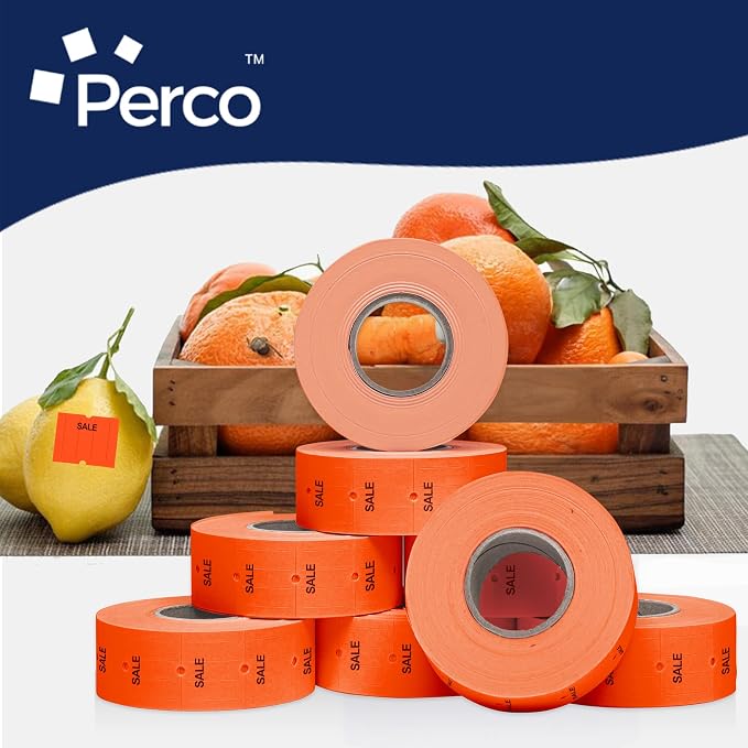 Perco 2 Line Fluorescent Red Sale Labels - 60,000 Blank Price and Date Gun Labels for Perco 2 Line Price and Date Guns - 80 Rolls, 10 Sleeves - Made in USA