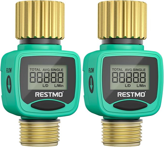 [2 Pack] RESTMO Water Flow Meter, Pure Brass Inlet & Outlet | 4 Measure Modes | Display Gallon/Liter Usage and Flow Rate | Ideal to Outdoor Garden Hose, Lawn Sprinkler Watering, RV Water Tank Filling