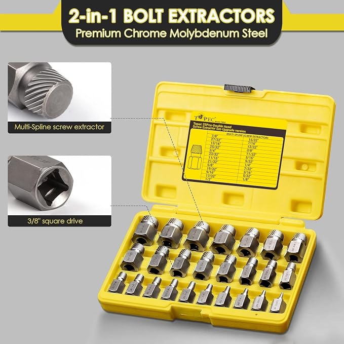Topec 25Pcs-Double Head Screw Extractor Set, Newest Version 3/8” Drive 2-in-1 Functional Easy Out Bolt Extractor Set, Premium CR-MO Steel Rounded Bolt Remover