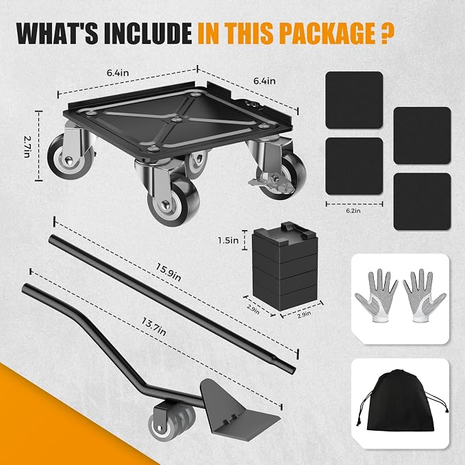 LOYAL TIGER 2000LBS Heavy Duty Furniture Dolly Movers Set with Lifter, 5-Wheel Carbon Steel Moving Rollers with Locking Casters for Refrigerator, Washer, Sofa & Cabinet(6.4 Inch,Black)