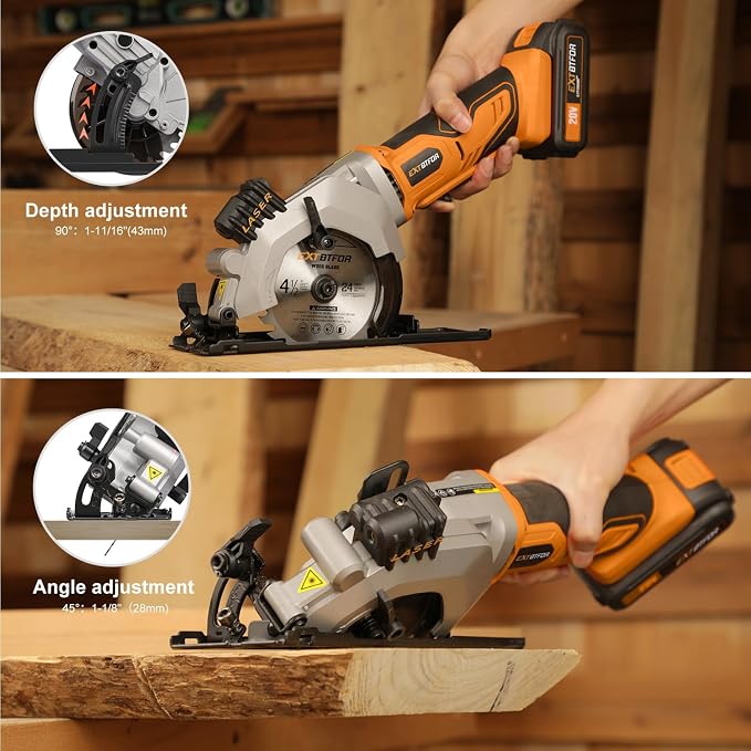 Cordless Circular Saw,2.0 Battery 3400RPM Laser Guide,45° Angle Adjustment | Extbtfor 4-1/2" Mini Circular Saw Maximum Cutting 1-11/16" at 90° and 1-1/8"at 45° for Wood, Soft Metal, Plastic