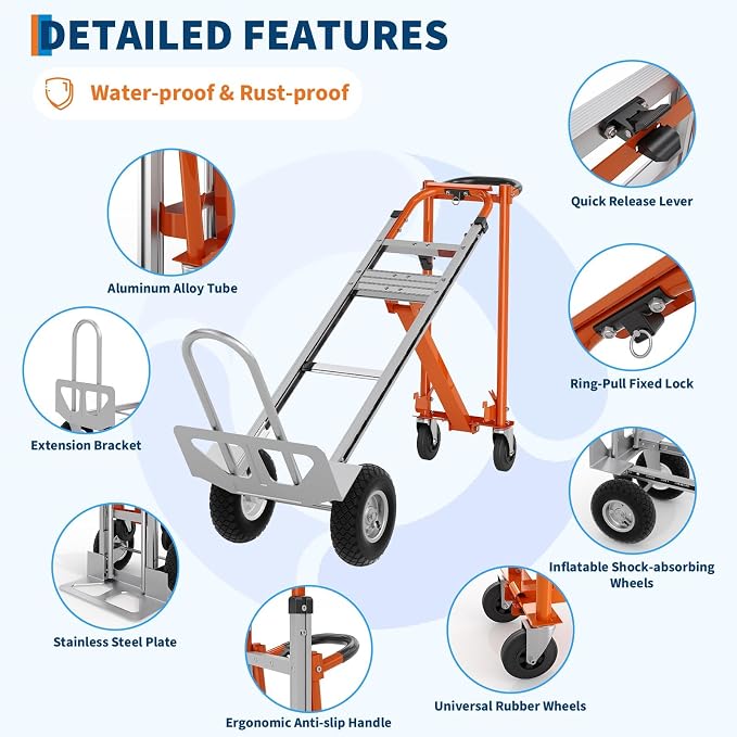 4 in 1 Convertible Hand Truck, Aluminum Hand Trucks 1000 Lb Capacity, Convertible Hand Truck with Wheels, Elastic Straps, Hands Dolly Heavy Duty for Home, Warehouse, Supermarket, Office