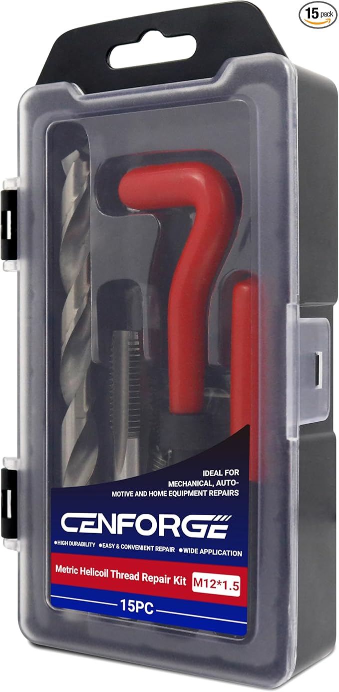 M12x1.5 Helicoil Thread Repair Kit, Metric HSS Drill Helicoil Repair Kit for Rethreading Internal Threads with Carry Case, 15PCS